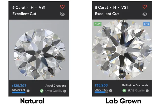 Lab grown vs natural pricing comparison to showcase how the price varies between the two for the same specifications