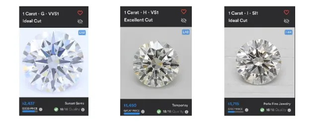 A composite image of 1 carat diamonds in different color and clarity grades: G-VVS1, H-VS1, and I-SI1, shown side by side for comparison