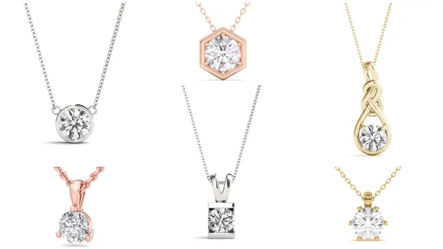 Composite image of bestselling solitaire necklaces from Rare Carat, one of the best places to buy lab diamond solitaire necklaces