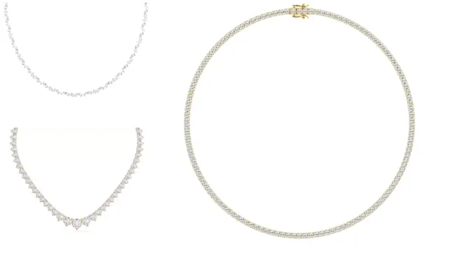 Composite image of different tennis necklace styles from Rare Carat, one of the best places to buy lab diamond tennis necklaces