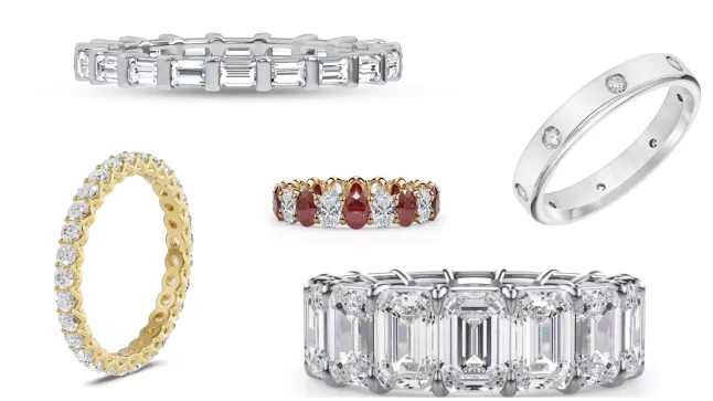 Composite image of bestselling eternity rings from Rare Carat, one of the best places to buy lab diamond eternity rings
