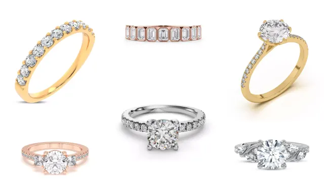 Composite image of lab ring collection from Rare Carat, one of the best places to buy custom lab diamond rings