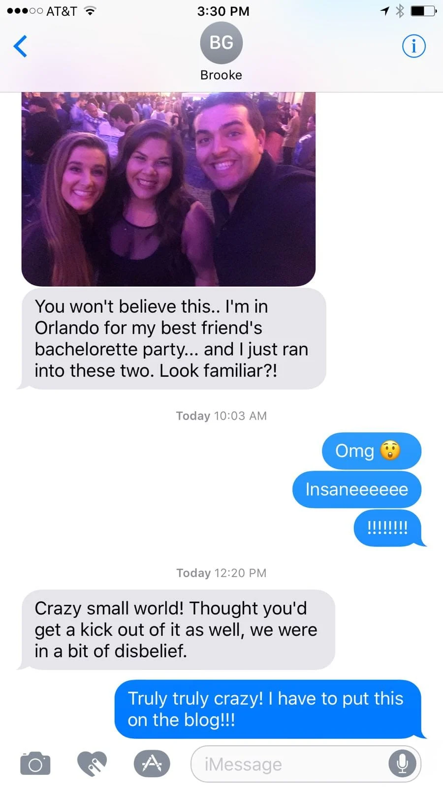 Screenshot of a text message from Brooke, including a photo