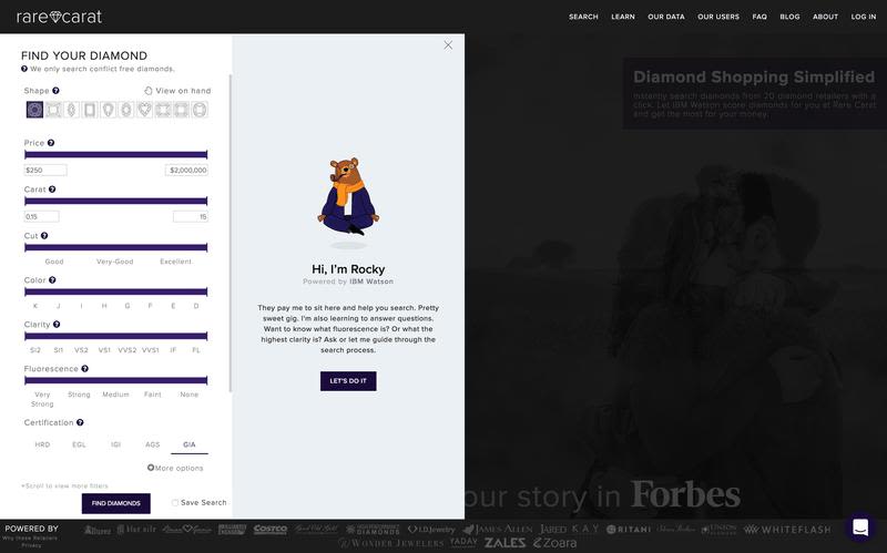 Screenshot of Rare Carat's homepage featuring Chatbot Rocky