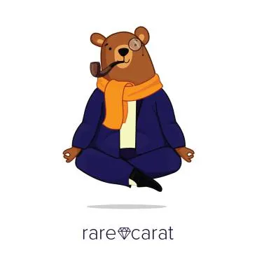 A cartoon bear in suit with scarf, monocle, and pipe meditating while floating above Rare Carat’s logo