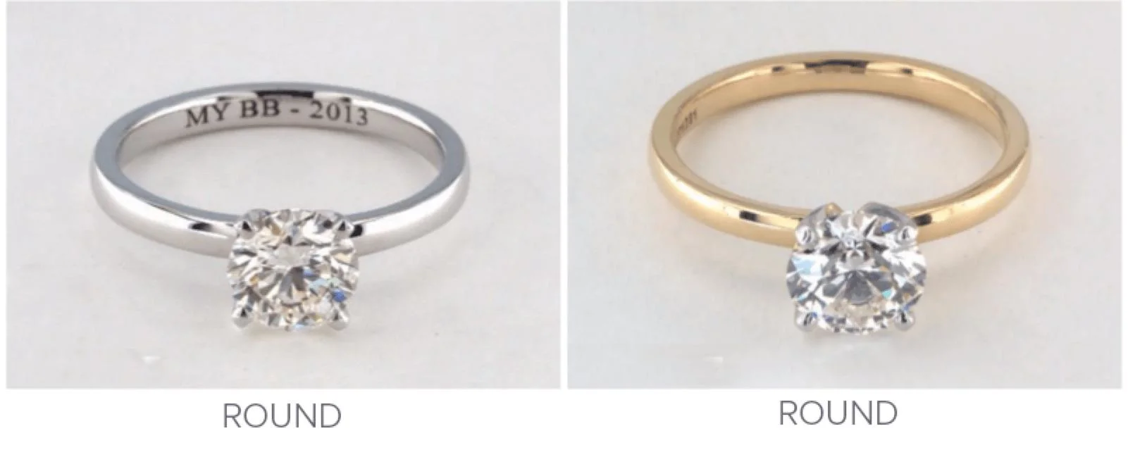 Comparison of a round I-color diamond ring in a white gold setting (left) and a yellow gold setting (right)
