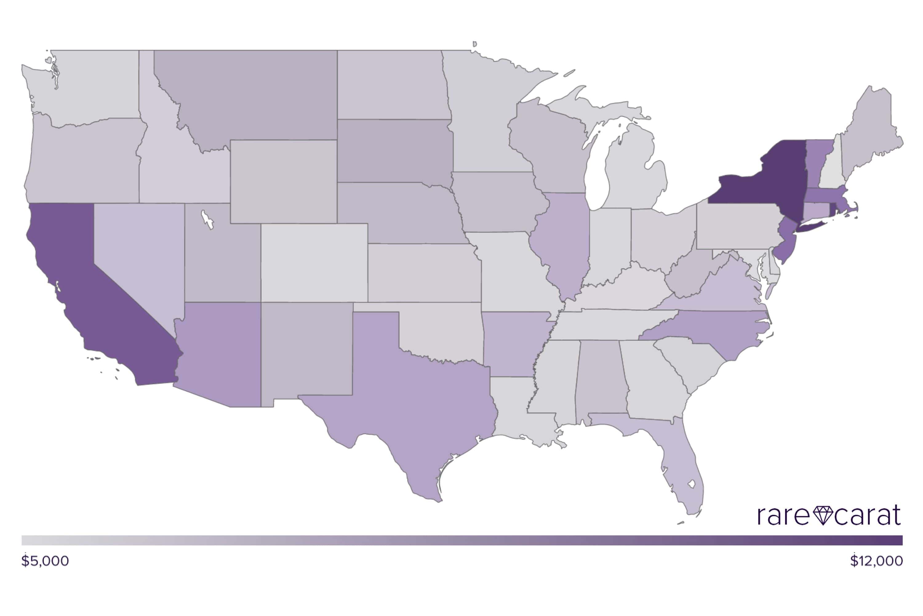 U.S. map visualization by Rare Carat showing the average amounts people are paying for precious stones by state
