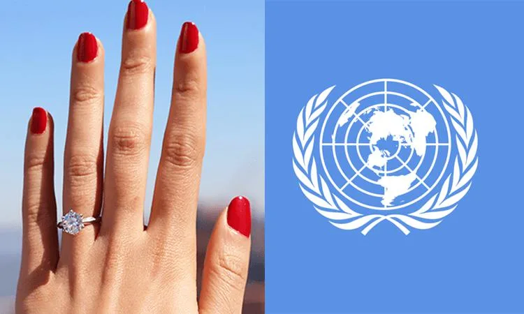 Composite image showing a close-up of a woman's hand wearing a diamond ring (right) and the United Nations logo (left)