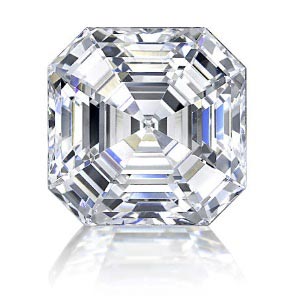 An asscher cut diamond, set against a white background