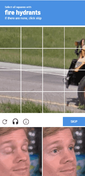 A screenshot of a CAPTCHA test asking to select fire hydrants, with no hydrant visible, overlaid on the viral meme of a man expressing a deep sigh through a blink