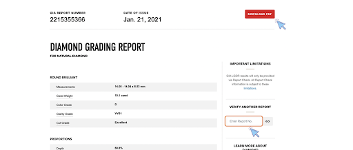 Two cursors pointing to the 'Download PDF' button and the field under the 'Verify Another Report' section of a GIA diamond grading report