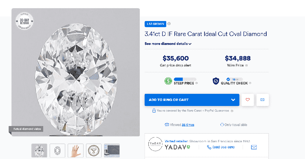 A clean oval HPHT diamond, 3.41 ct, D color, IF clarity, Rare Carat Ideal Cut