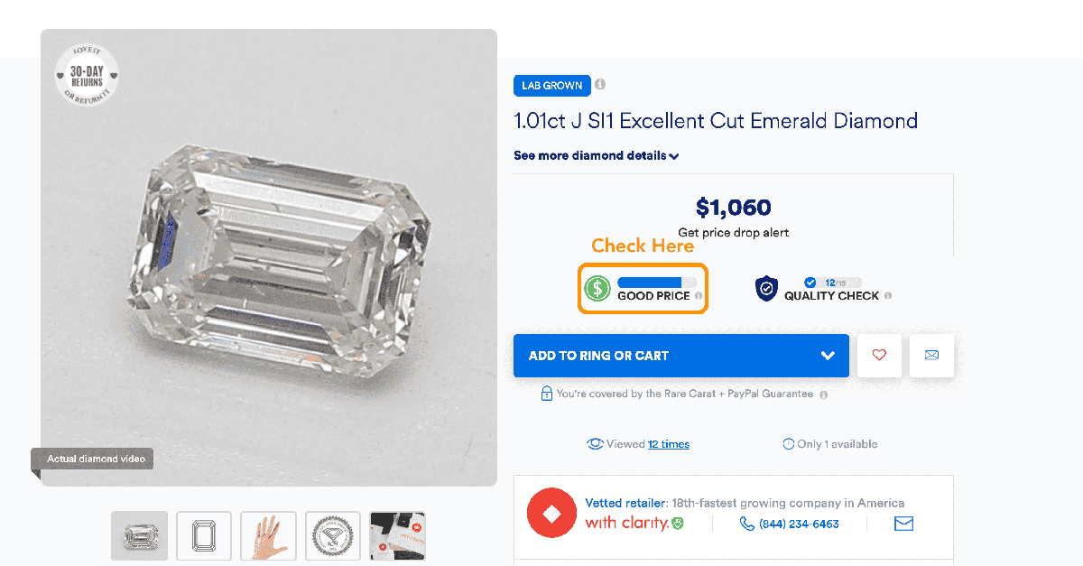 Price of a CVD 1.01 ct J SI1 excellent-cut emerald diamond