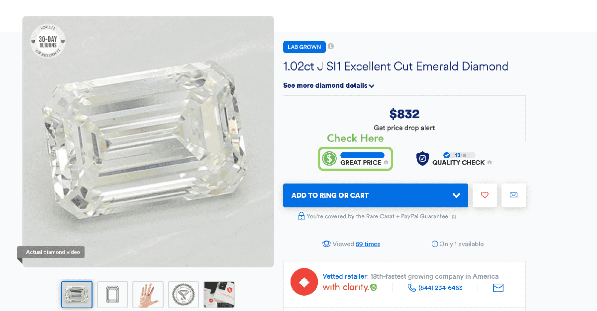 Price of an HPHT 1.02 ct J SI1 excellent cut emerald diamond