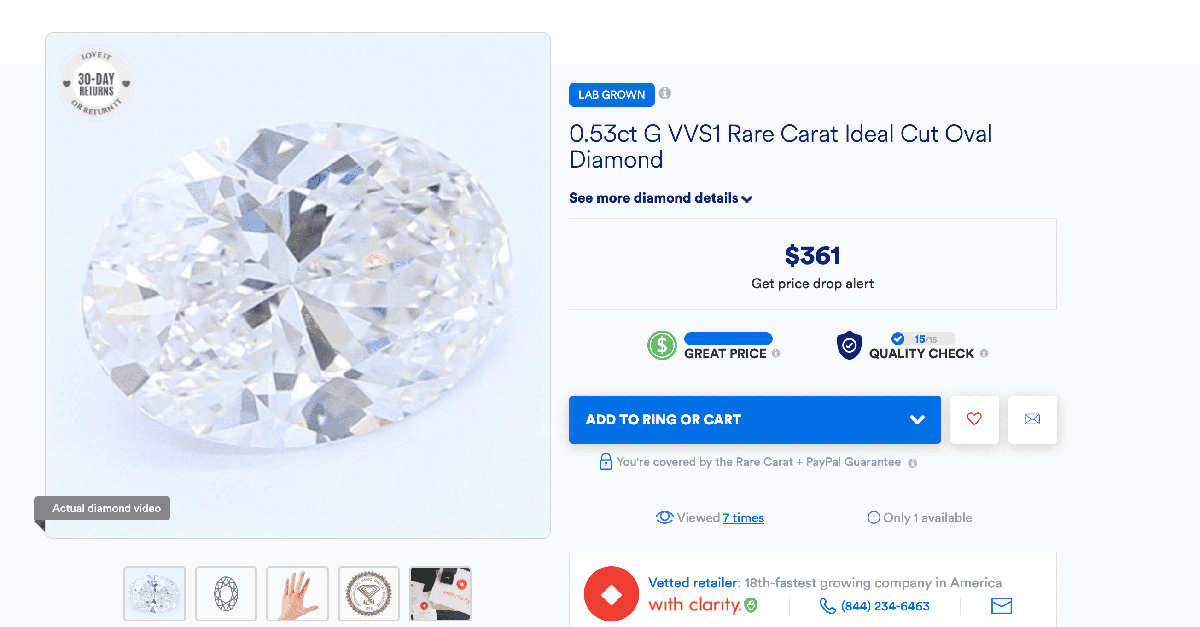 A clean oval CVD diamond, 0.53 ct, G color, VVS1 clarity, Rare Carat Ideal Cut