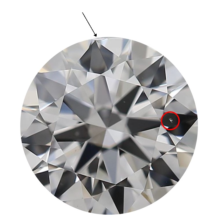 A diamond with a cavity indicated by a black arrow and a chip circled in red