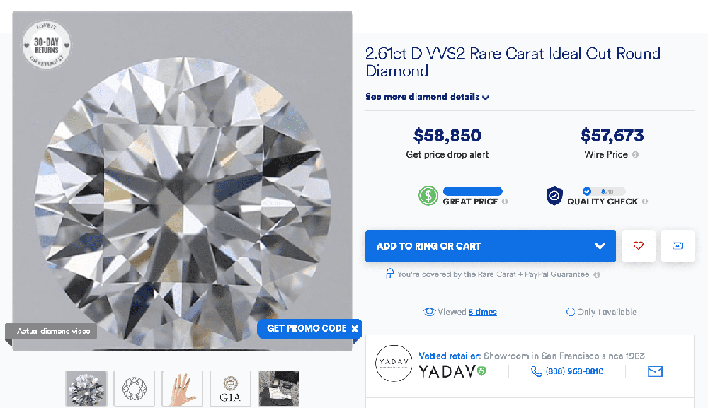 Screenshot of a product page for a 2.61-carat D VVS2 Rare Carat Ideal Cut round diamond, featuring the product image