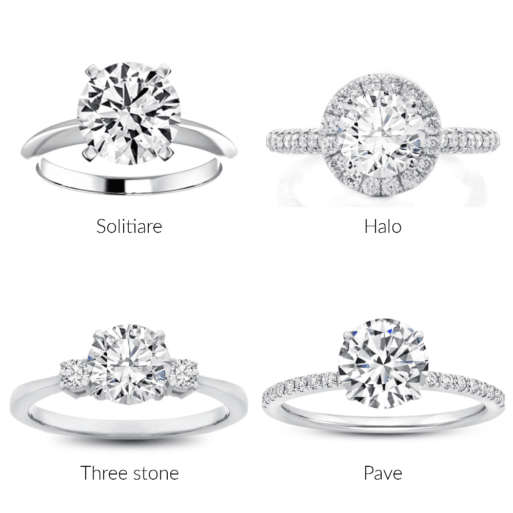 Images of a solitaire, halo, three stone and pave white gold setting