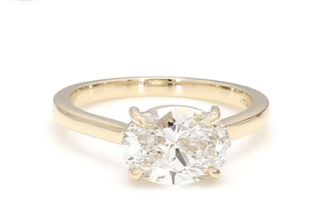 Oval diamond solitaire ring in the east/west direction yellow gold