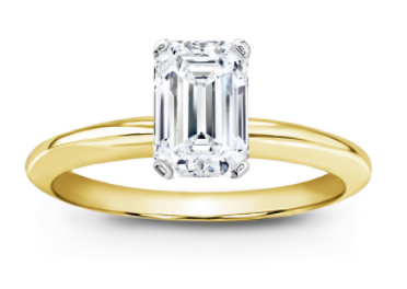 solitaire emerald cut diamond ring in yellow gold setting