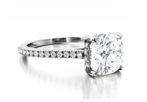 hidden halo cushion cut diamond ring in white gold