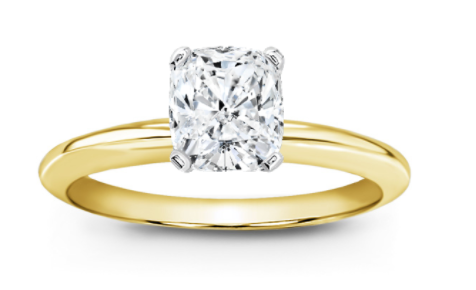 solitaire cushion cut diamond ring in yellow gold