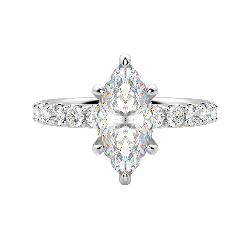 A marquise six-prong pave diamond ring with accented round stones set in the band halfway around
