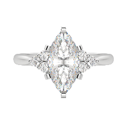 A diamond ring with a cluster of three round stones on either side of a marquise diamond set in the center