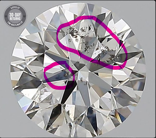 A close-up of a diamond with its carbon inclusions circled in pink