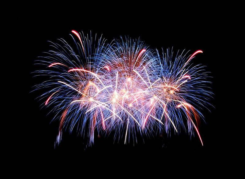 Colorful fireworks burst against a black background