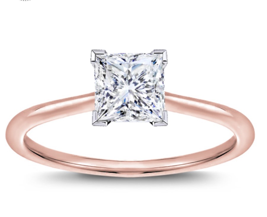 A princess cut solitarire diamond ring in rose gold setting