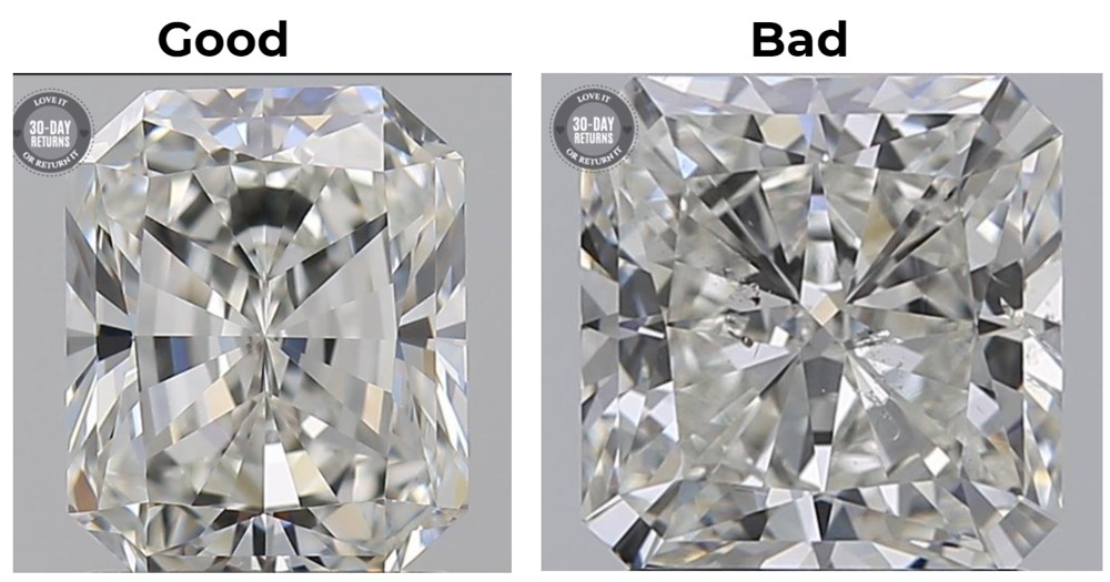 Comparison of two radiant-cut diamonds: one flawless (good) and one with numerous visible inclusions (bad)