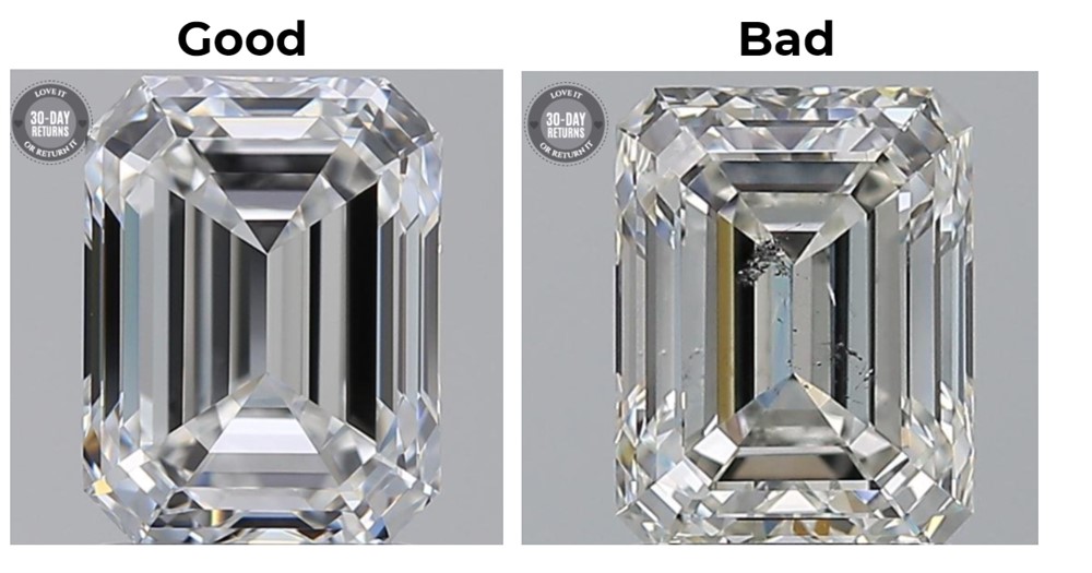 Comparison of two emerald-cut diamonds: one flawless (good) and one with numerous visible inclusions (bad)