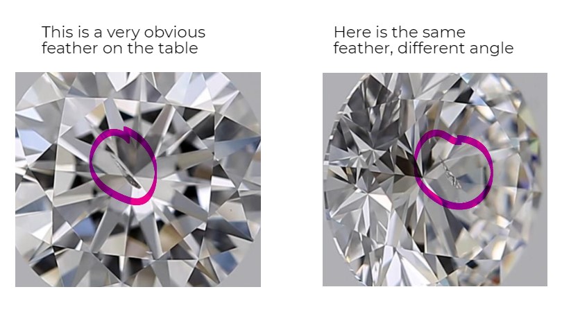 Composite image showing a feather inclusion in a diamond from two different angles