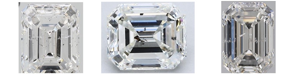 Composite image of three emerald cut diamonds with visible inclusions