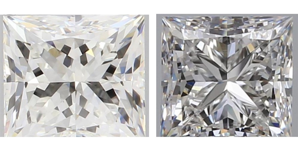 Composite image showing the difference light dispersion makes on two square-cut diamonds