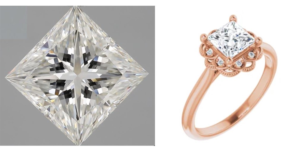 Composite image of a princess cut diamond (left) and a princess cut diamond ring in rose gold setting (right)