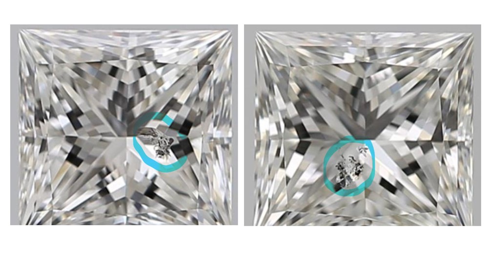 Composite image showing table inclusions in square diamonds