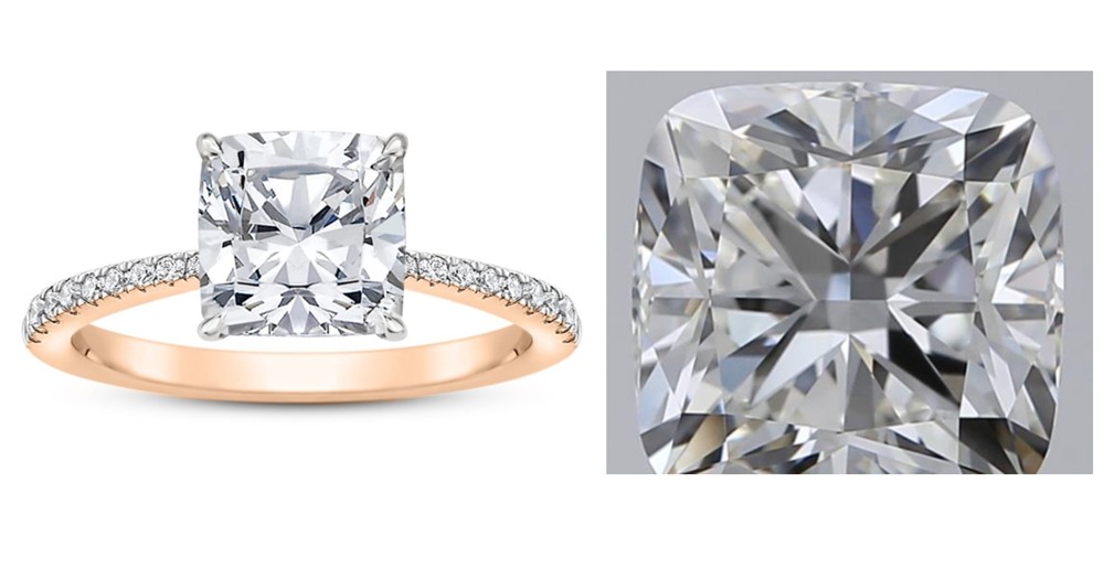 Composite image of a cushion cut diamond ring (left) and a cushion cut diamond (right)