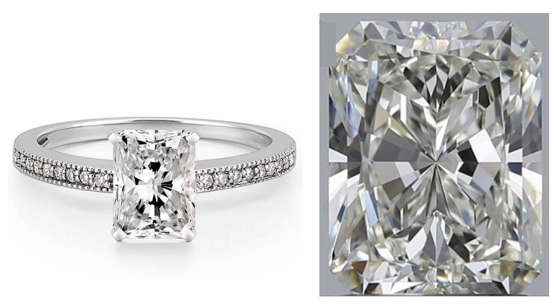 Composite image of a radiant cut diamond ring (left) and a radiant cut diamond (right)