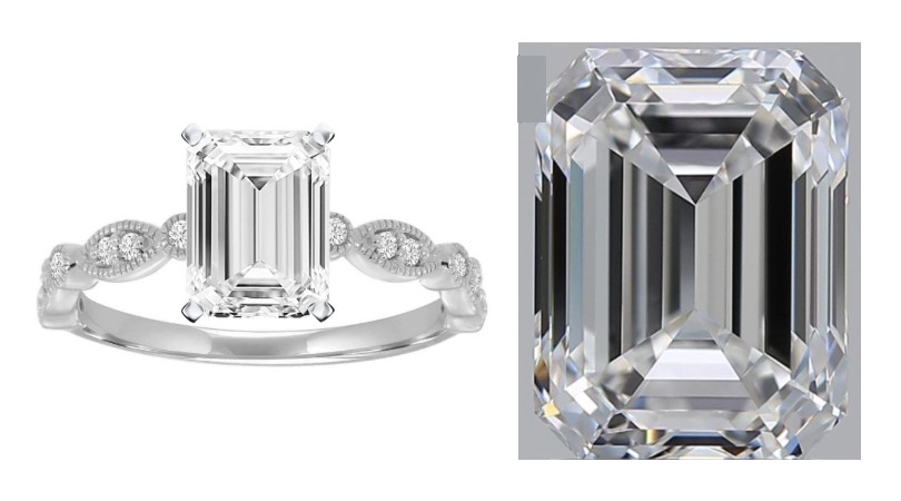 Composite image of an emerald cut diamond ring (left) and an emerald cut diamond (right)