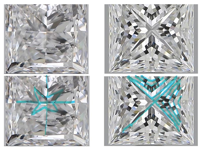 Composite image showing misaligned facets in square diamonds