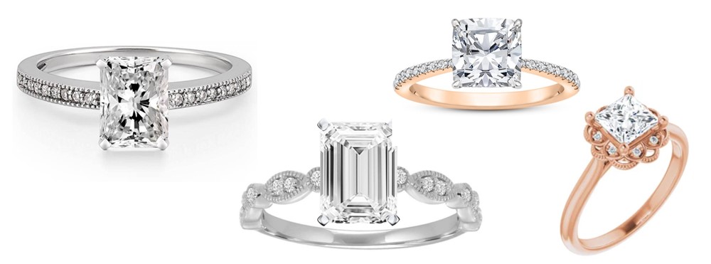 Composite image of square shape diamond ring styles