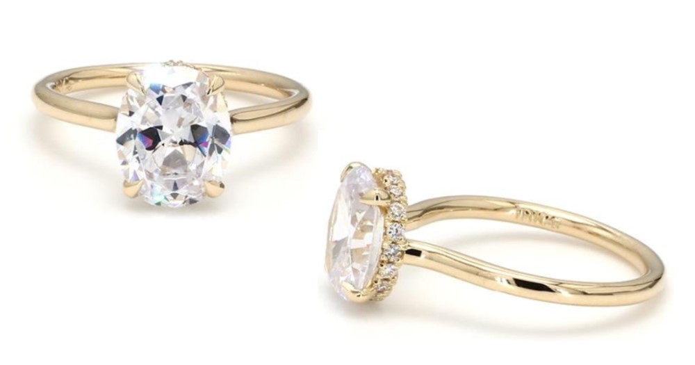 A composite image of a hidden halo diamond ring shown from two different angles to showcase the design