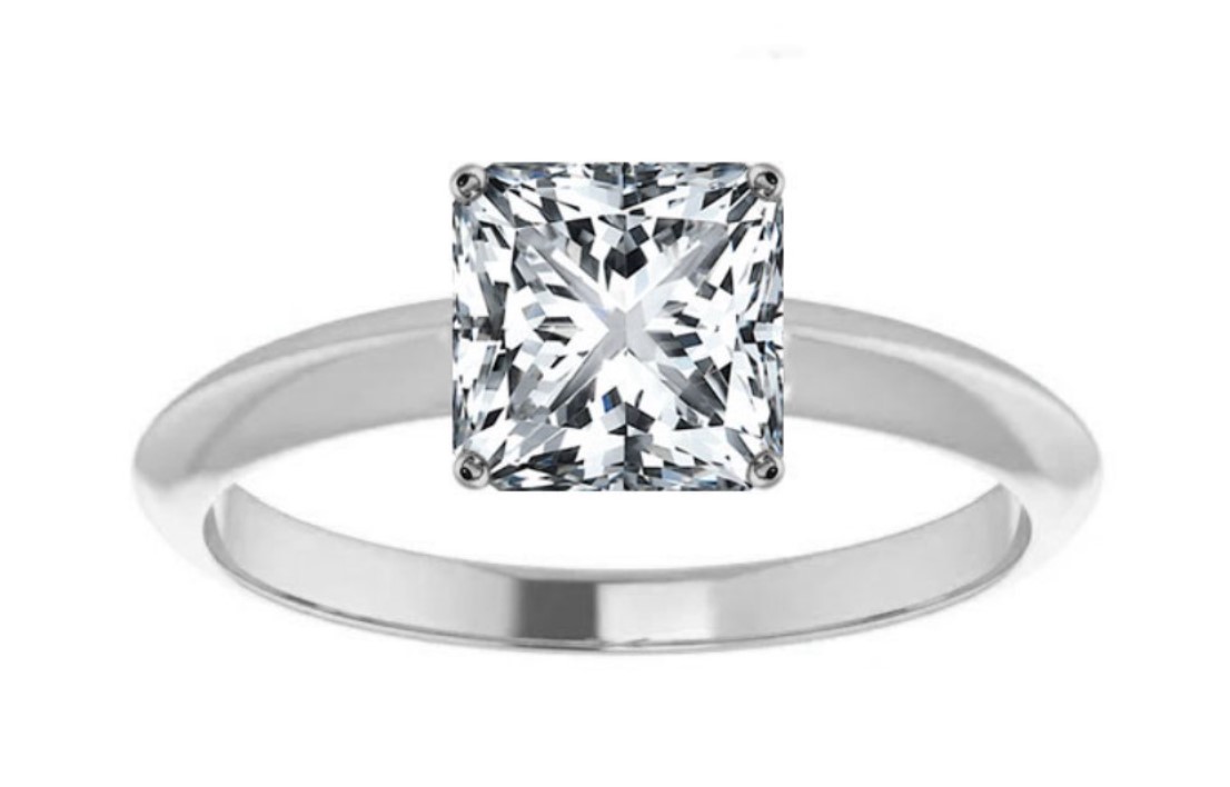 A princess cut diamond in a white gold ring setting