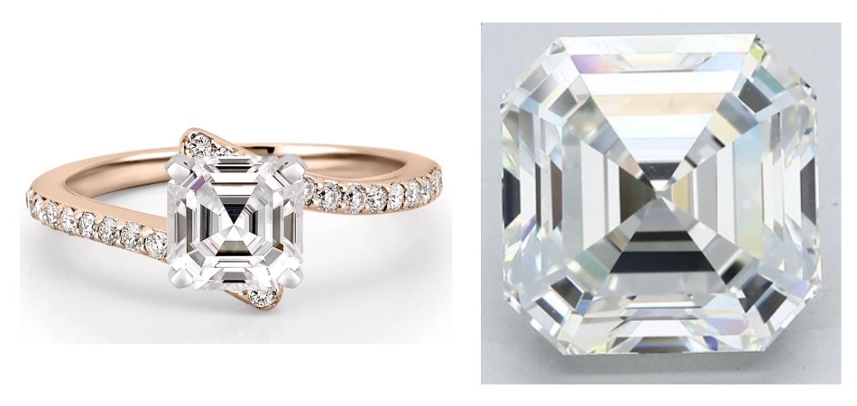 Composite image of an asscher cut diamond ring (left) and an asscher cut diamond (right)