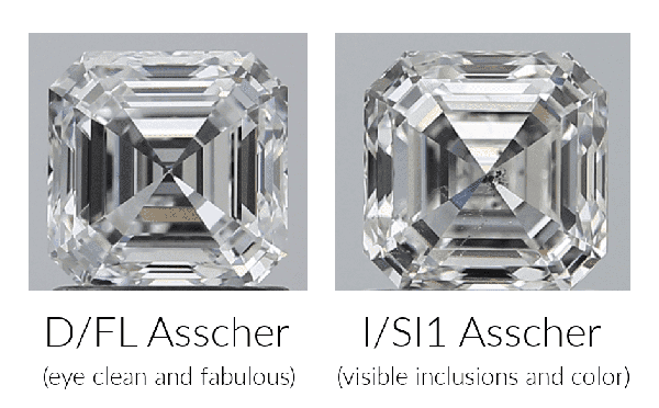 An asscher cut diamond in D color and FL clarity grades (eye clean and fabulous) compared to an asscher cut diamond in I color and SI1 clarity grades (visible inclusion and color)
