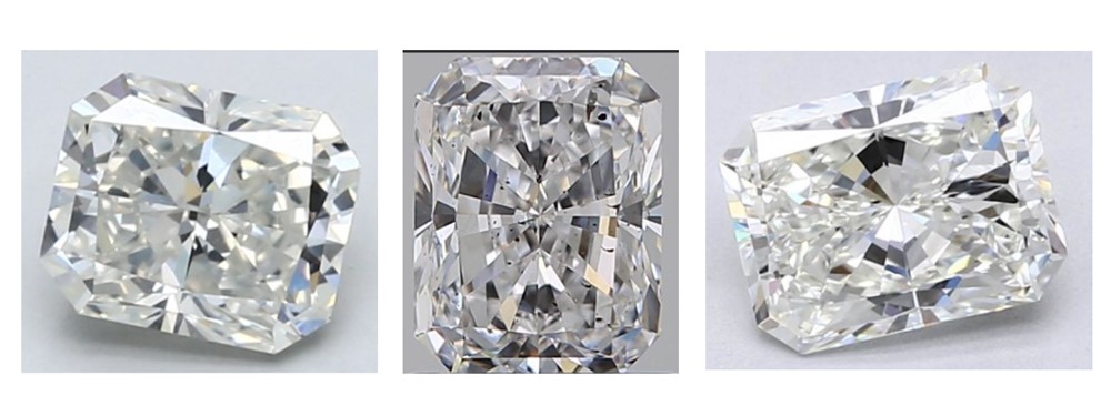 A composite image of three sparkling, brilliant SI2 diamonds