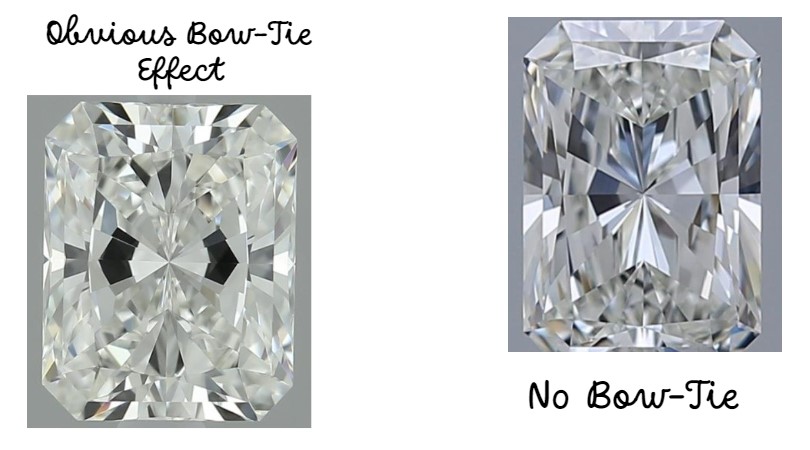 Two diamonds are compared side by side to show diamonds with and without an obvious bow-tie effect