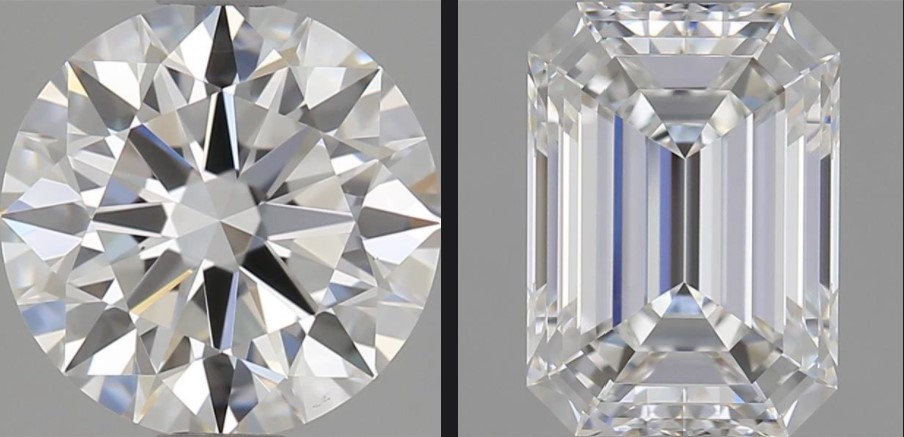 A round brilliant cut diamond compared to a emerald cut diamond